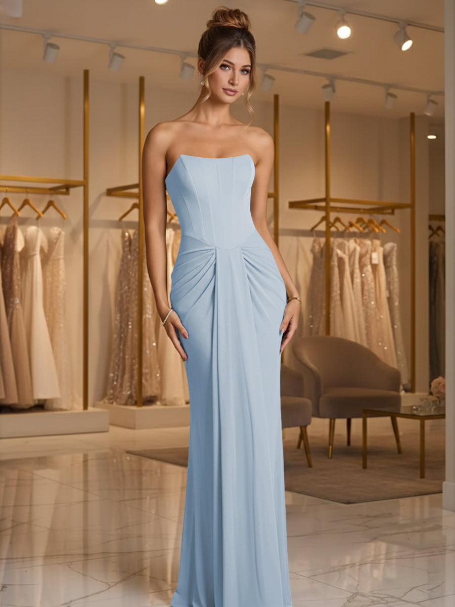 Sheath/Column Strapless Ruched Satin Floor-Length Formal Dresses