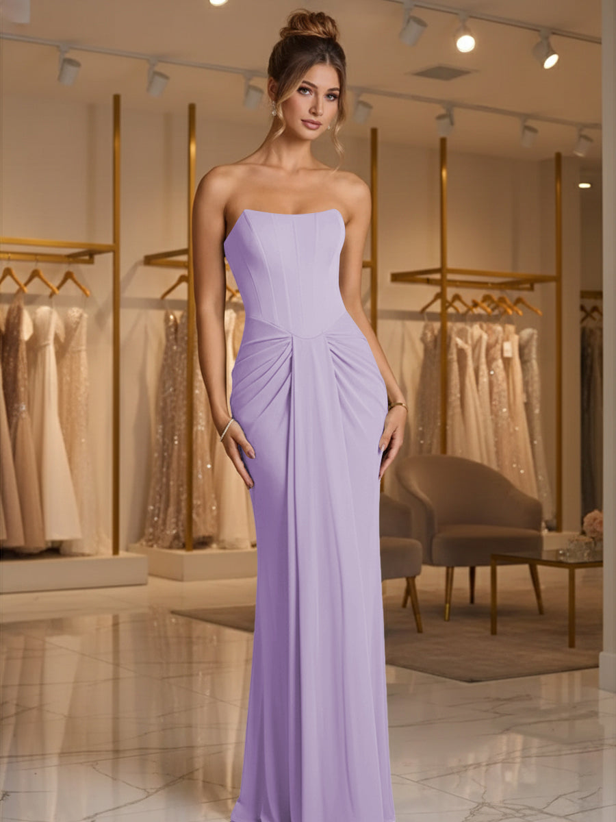 Sheath/Column Strapless Ruched Satin Floor-Length Formal Dresses