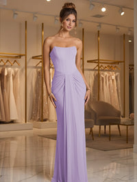 Sheath/Column Strapless Ruched Satin Floor-Length Formal Dresses