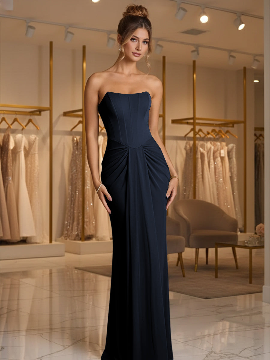 Sheath/Column Strapless Ruched Satin Floor-Length Formal Dresses
