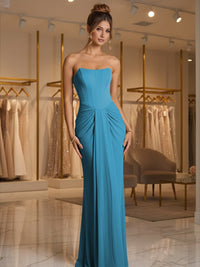 Sheath/Column Strapless Ruched Satin Floor-Length Formal Dresses