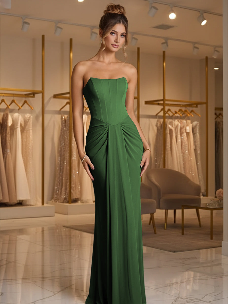 Sheath/Column Strapless Ruched Satin Floor-Length Formal Dresses