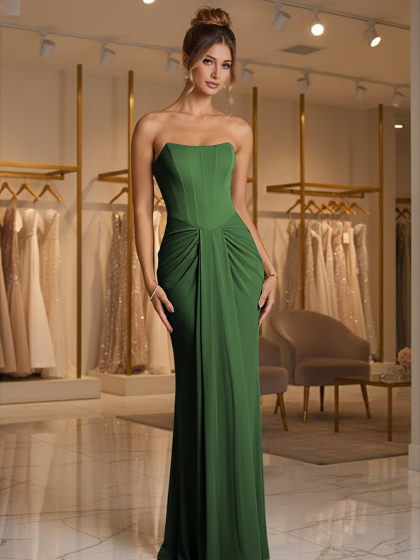 Sheath/Column Strapless Ruched Satin Floor-Length Formal Dresses
