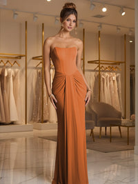 Sheath/Column Strapless Ruched Satin Floor-Length Formal Dresses