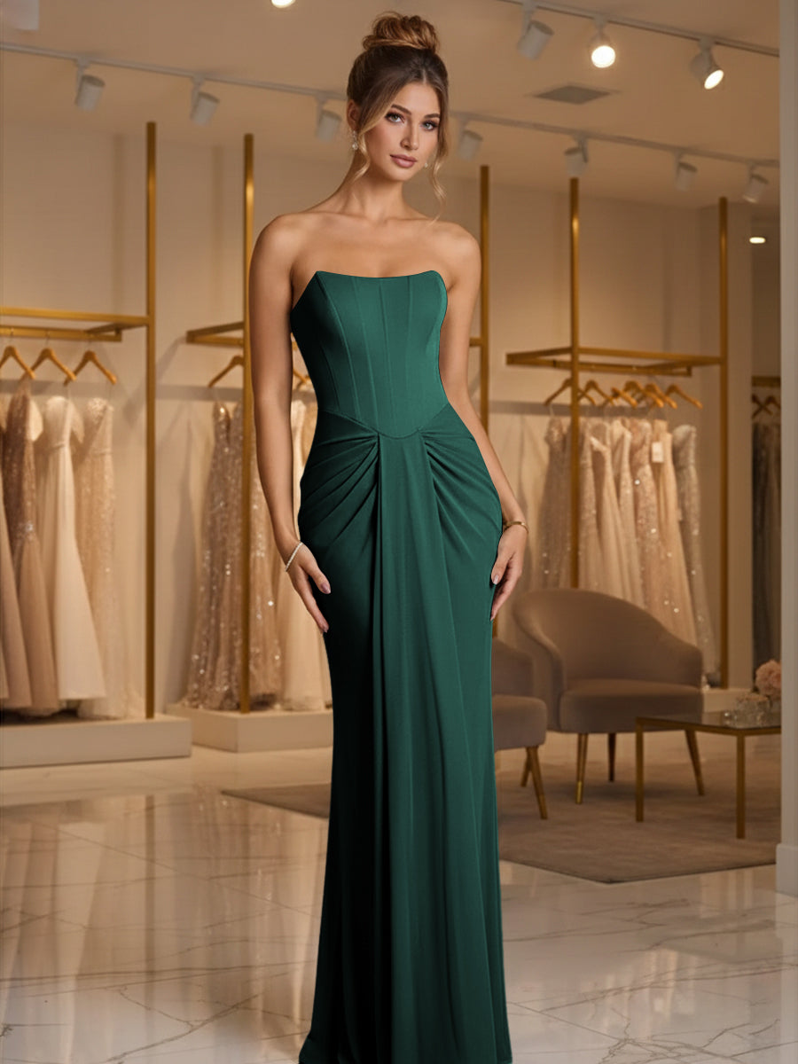 Sheath/Column Strapless Ruched Satin Floor-Length Formal Dresses
