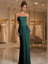 Sheath/Column Strapless Ruched Satin Floor-Length Formal Dresses