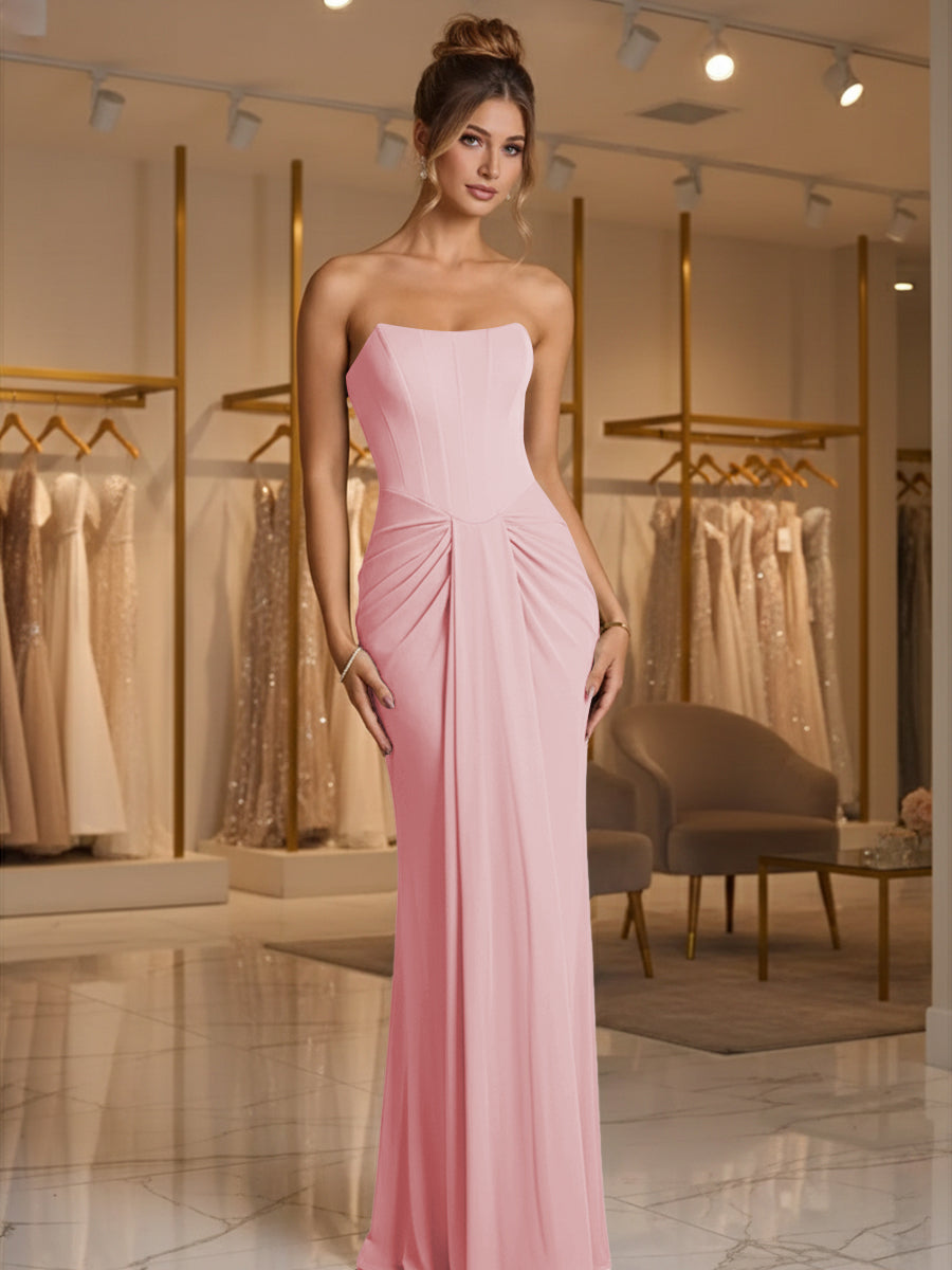 Sheath/Column Strapless Ruched Satin Floor-Length Formal Dresses