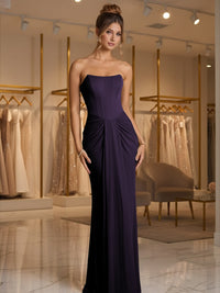 Sheath/Column Strapless Ruched Satin Floor-Length Formal Dresses