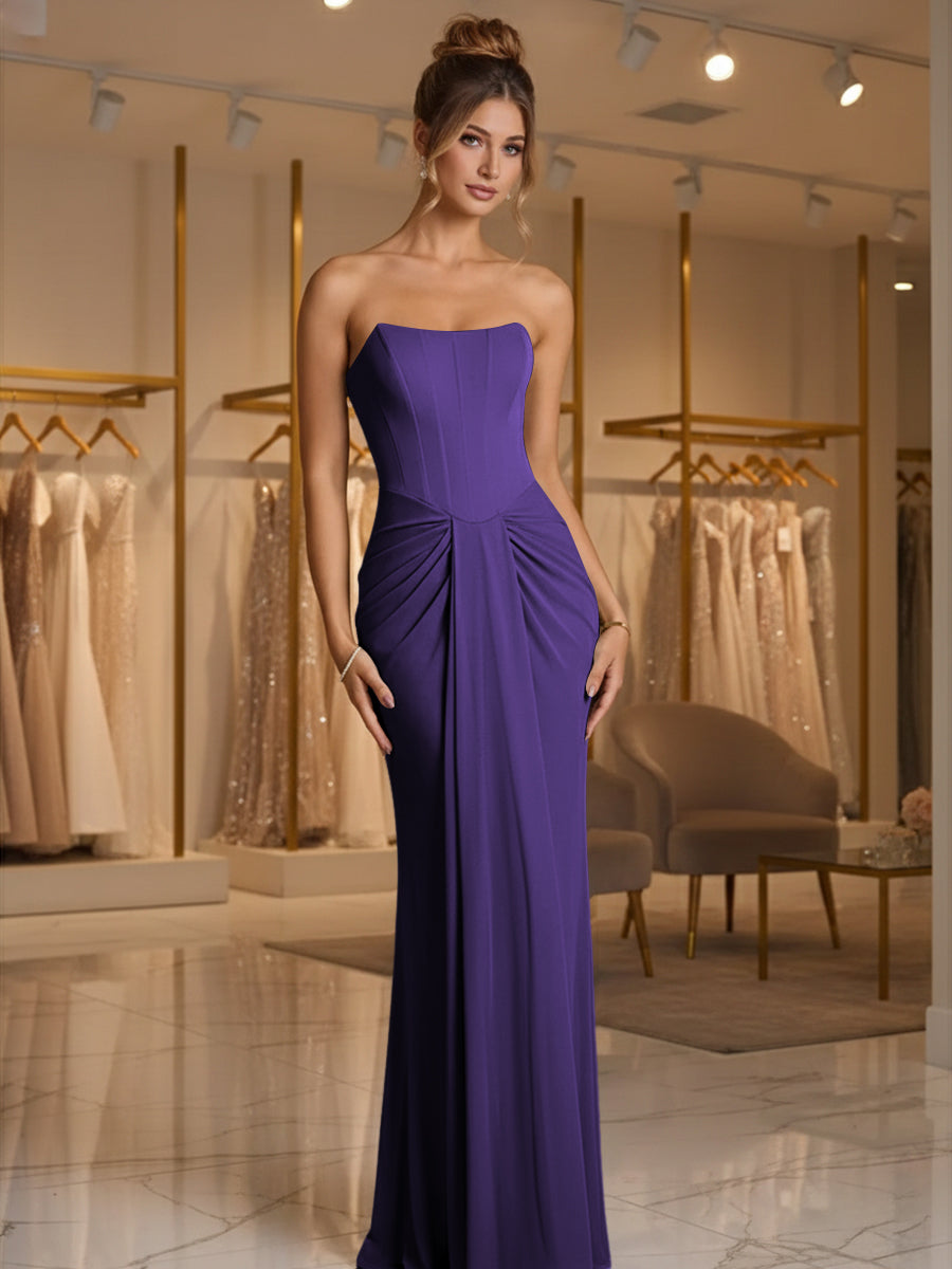 Sheath/Column Strapless Ruched Satin Floor-Length Formal Dresses