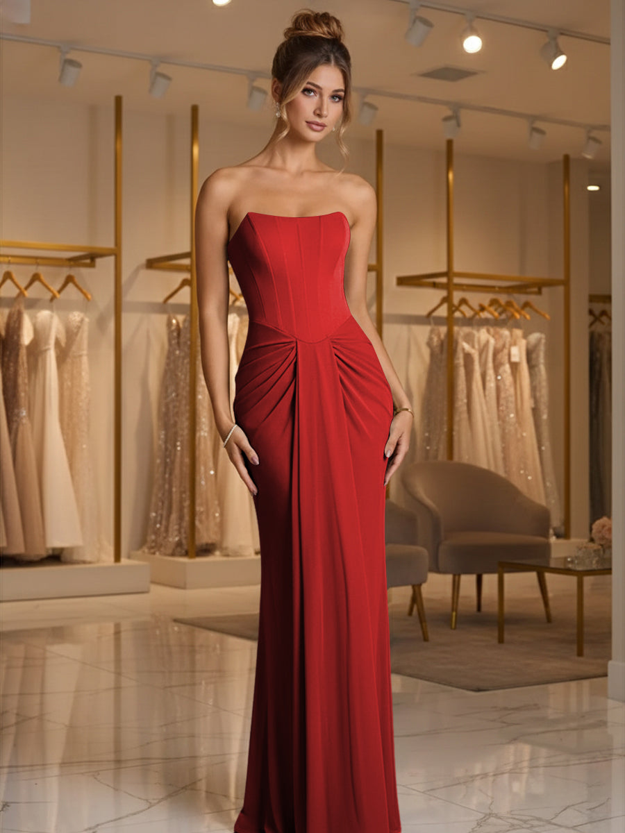Sheath/Column Strapless Ruched Satin Floor-Length Formal Dresses