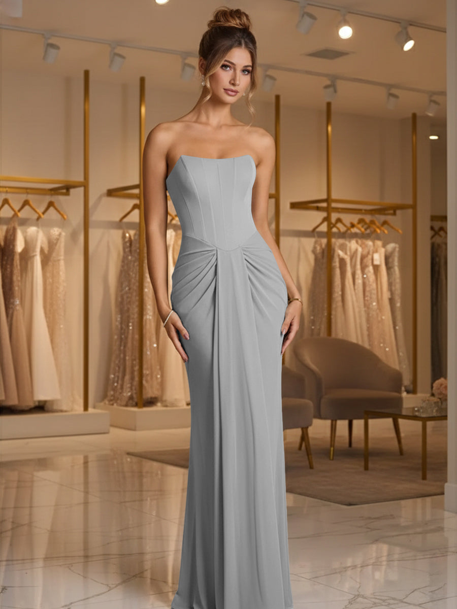 Sheath/Column Strapless Ruched Satin Floor-Length Formal Dresses