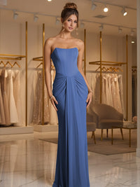 Sheath/Column Strapless Ruched Satin Floor-Length Formal Dresses