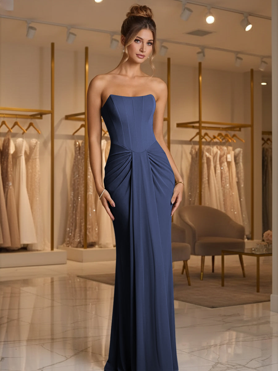Sheath/Column Strapless Ruched Satin Floor-Length Formal Dresses