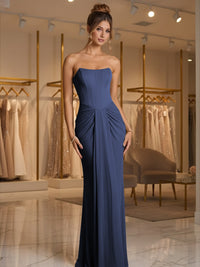 Sheath/Column Strapless Ruched Satin Floor-Length Formal Dresses