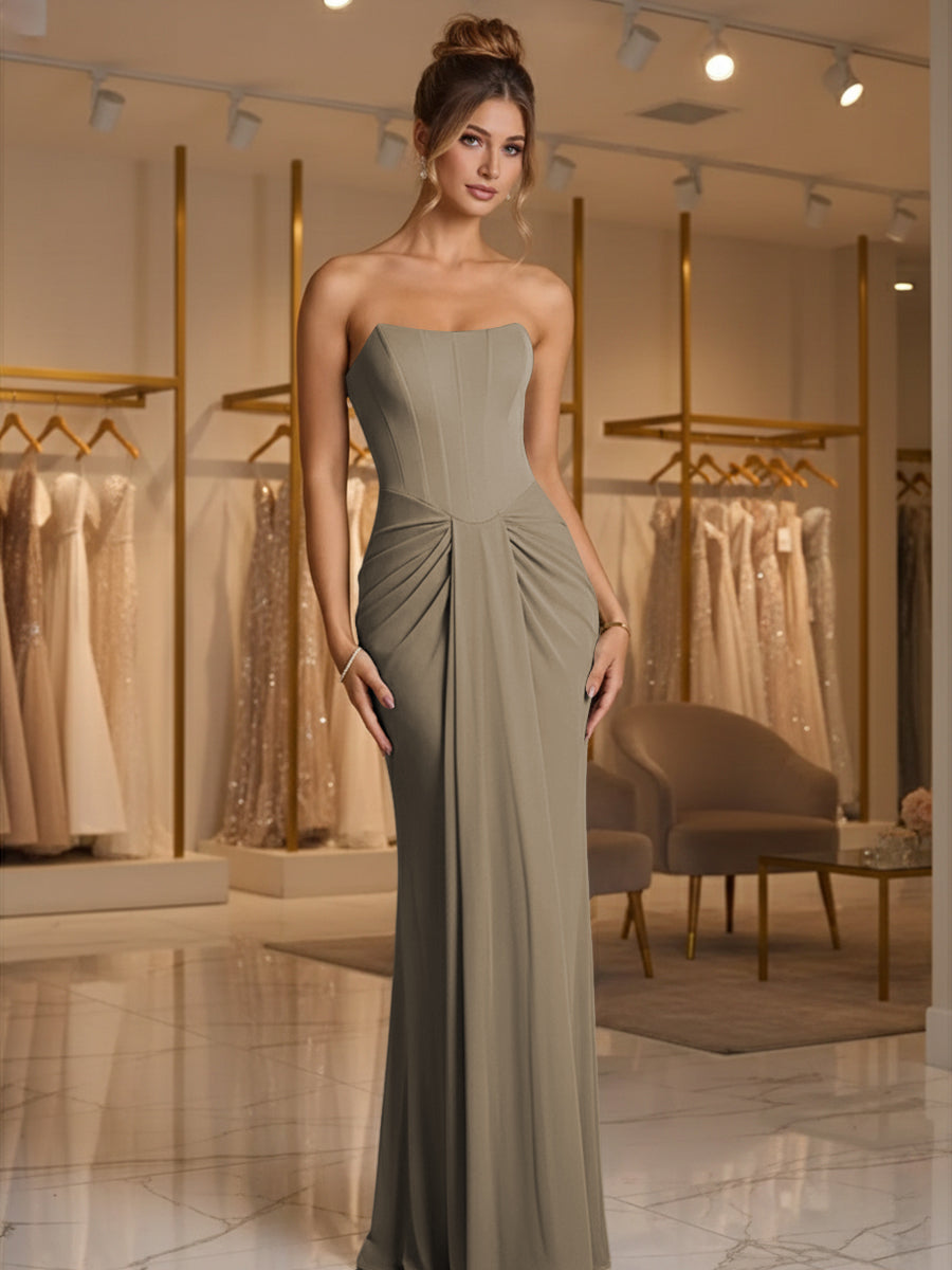 Sheath/Column Strapless Ruched Satin Floor-Length Formal Dresses
