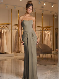 Sheath/Column Strapless Ruched Satin Floor-Length Formal Dresses