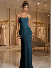 Sheath/Column Strapless Ruched Satin Floor-Length Formal Dresses