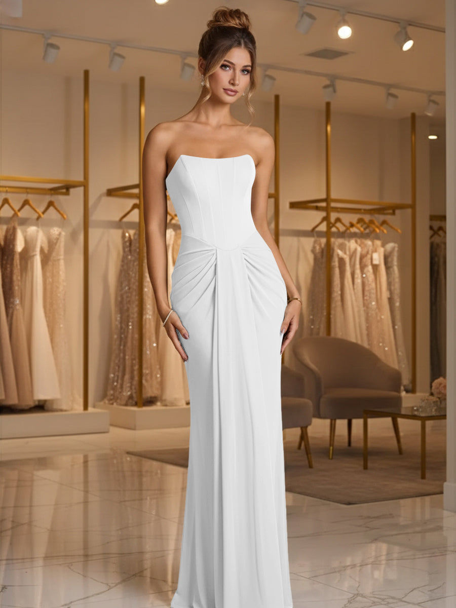 Sheath/Column Strapless Ruched Satin Floor-Length Formal Dresses