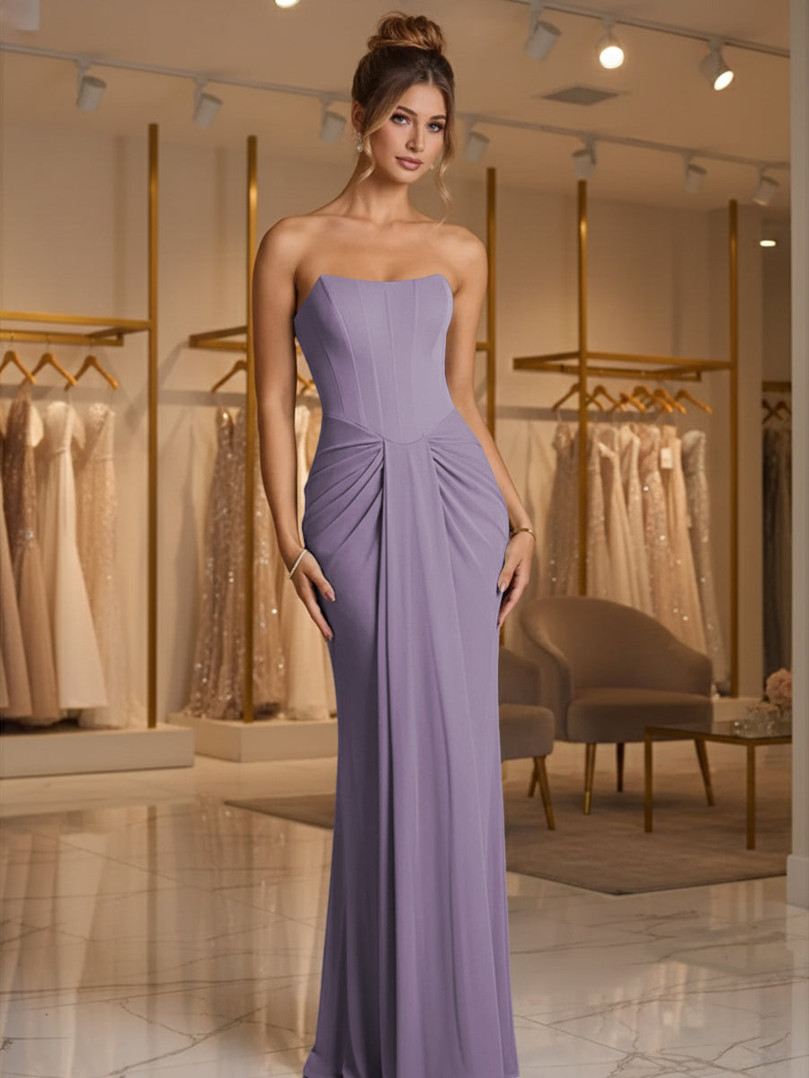 Sheath/Column Strapless Ruched Satin Floor-Length Formal Dresses