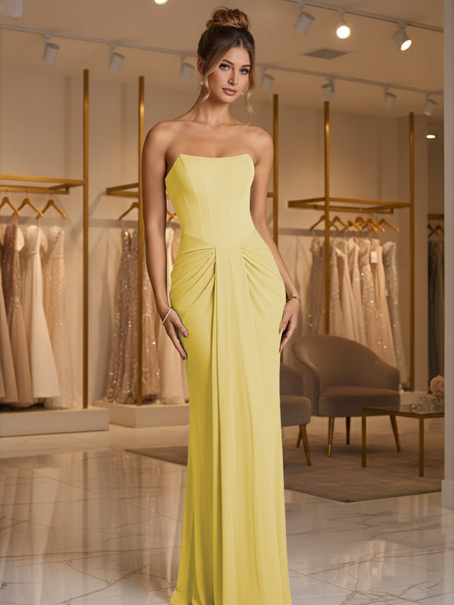 Sheath/Column Strapless Ruched Satin Floor-Length Formal Dresses
