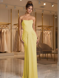 Sheath/Column Strapless Ruched Satin Floor-Length Formal Dresses