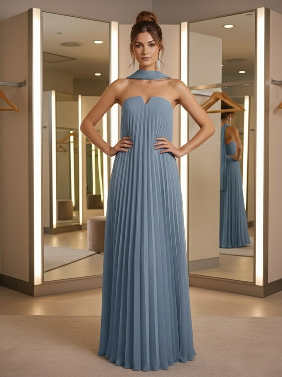 Sheath/Column Strapless Pleated Chiffon Floor-Length Formal Dresses with Scarf