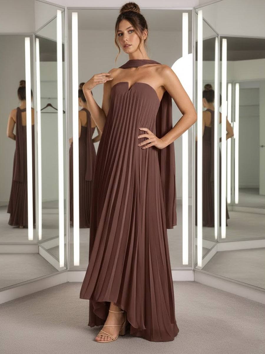 Sheath/Column Strapless Pleated Chiffon Floor-Length Formal Dresses with Scarf