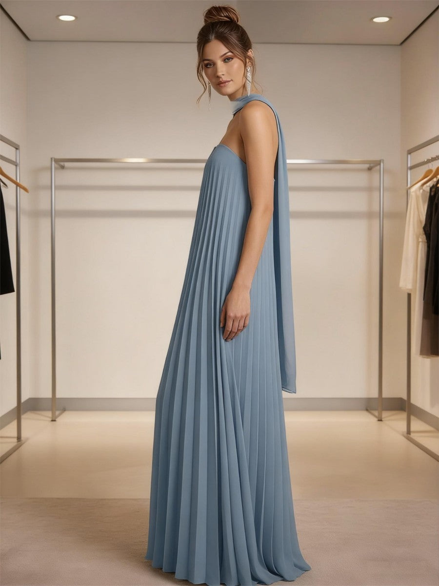 Sheath/Column Strapless Pleated Chiffon Floor-Length Formal Dresses with Scarf