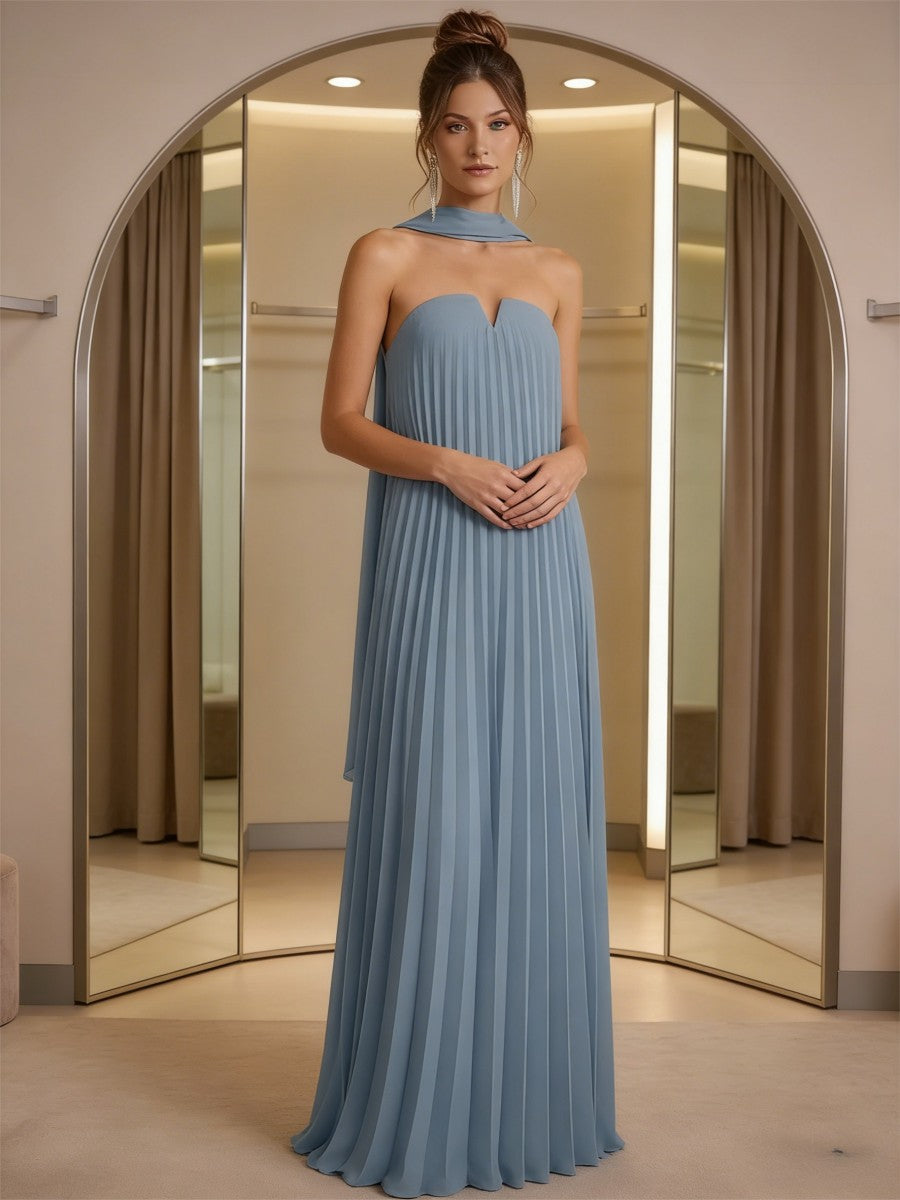 Sheath/Column Strapless Pleated Chiffon Floor-Length Formal Dresses with Scarf