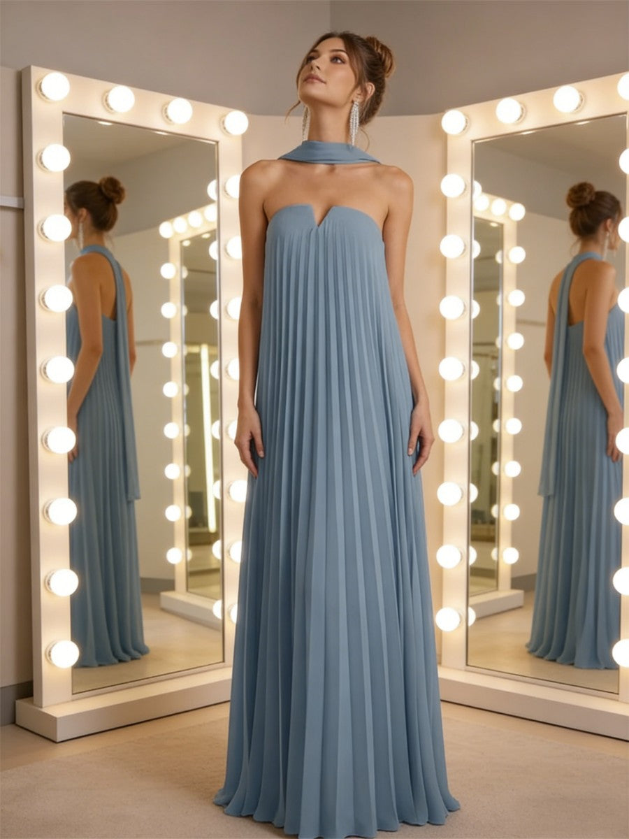 Sheath/Column Strapless Pleated Chiffon Floor-Length Formal Dresses with Scarf