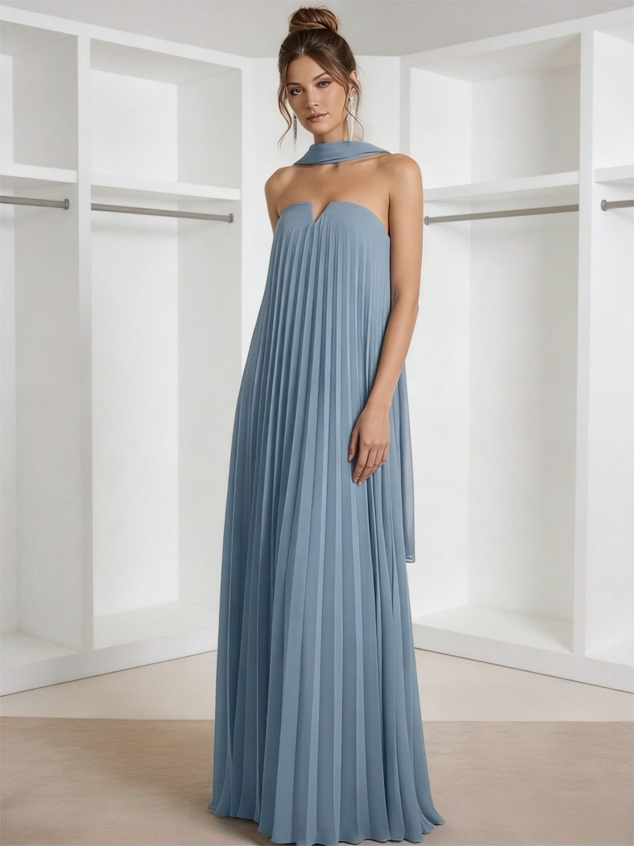 Sheath/Column Strapless Pleated Chiffon Floor-Length Formal Dresses with Scarf