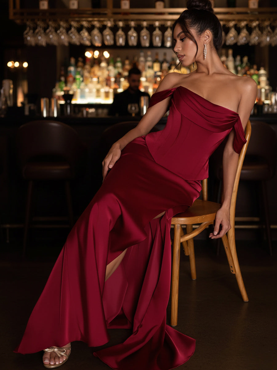 Sheath/Column Off Shoulder Ruched Satin Floor-Length Formal Dresses with Slit
