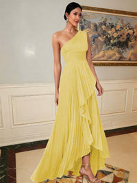 A-Line/Princess One Shoulder Pleated Satin Floor-Length Formal Dresses with Ruffle