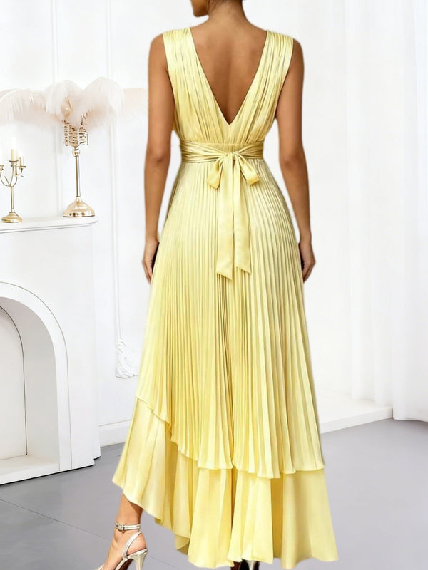 A-Line/Princess V-Neck Pleated Satin Hi-Lo Ankle-Length Formal Dresses