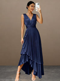 A-Line/Princess V-Neck Pleated Satin Hi-Lo Ankle-Length Formal Dresses