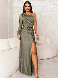 Sheath/Column One Shoulder Ruched Floor-Length Formal Dresses with Long Sleeve
