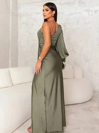 Sheath/Column One Shoulder Ruched Floor-Length Formal Dresses with Long Sleeve