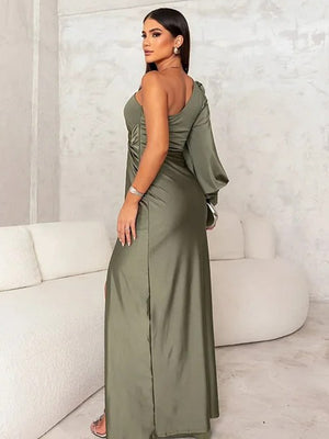 Sheath/Column One Shoulder Ruched Floor-Length Formal Dresses with Long Sleeve