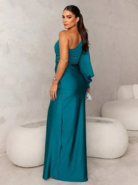 Sheath/Column One Shoulder Ruched Floor-Length Formal Dresses with Long Sleeve