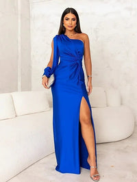 Sheath/Column One Shoulder Ruched Floor-Length Formal Dresses with Long Sleeve
