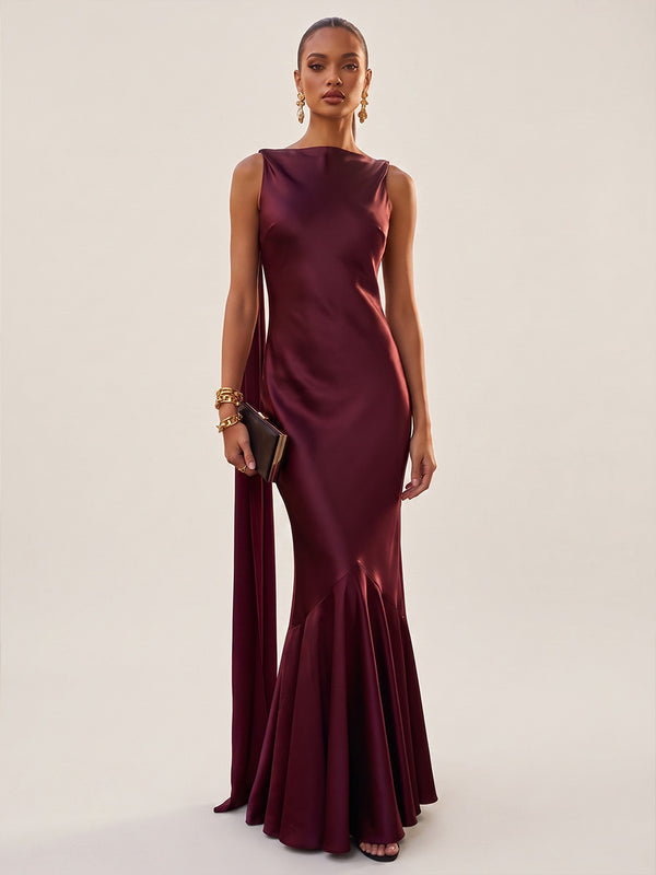Mermaid/Trumpet Scoop Neck Satin Maxi Wedding Guest Dresses with Side Draped Sash