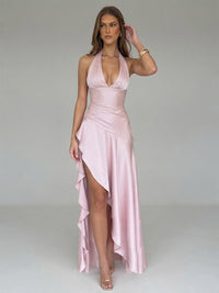 A-Line/Princess Halter Satin Maxi Wedding Guest Dresses with Ruffles & Ruched Waist