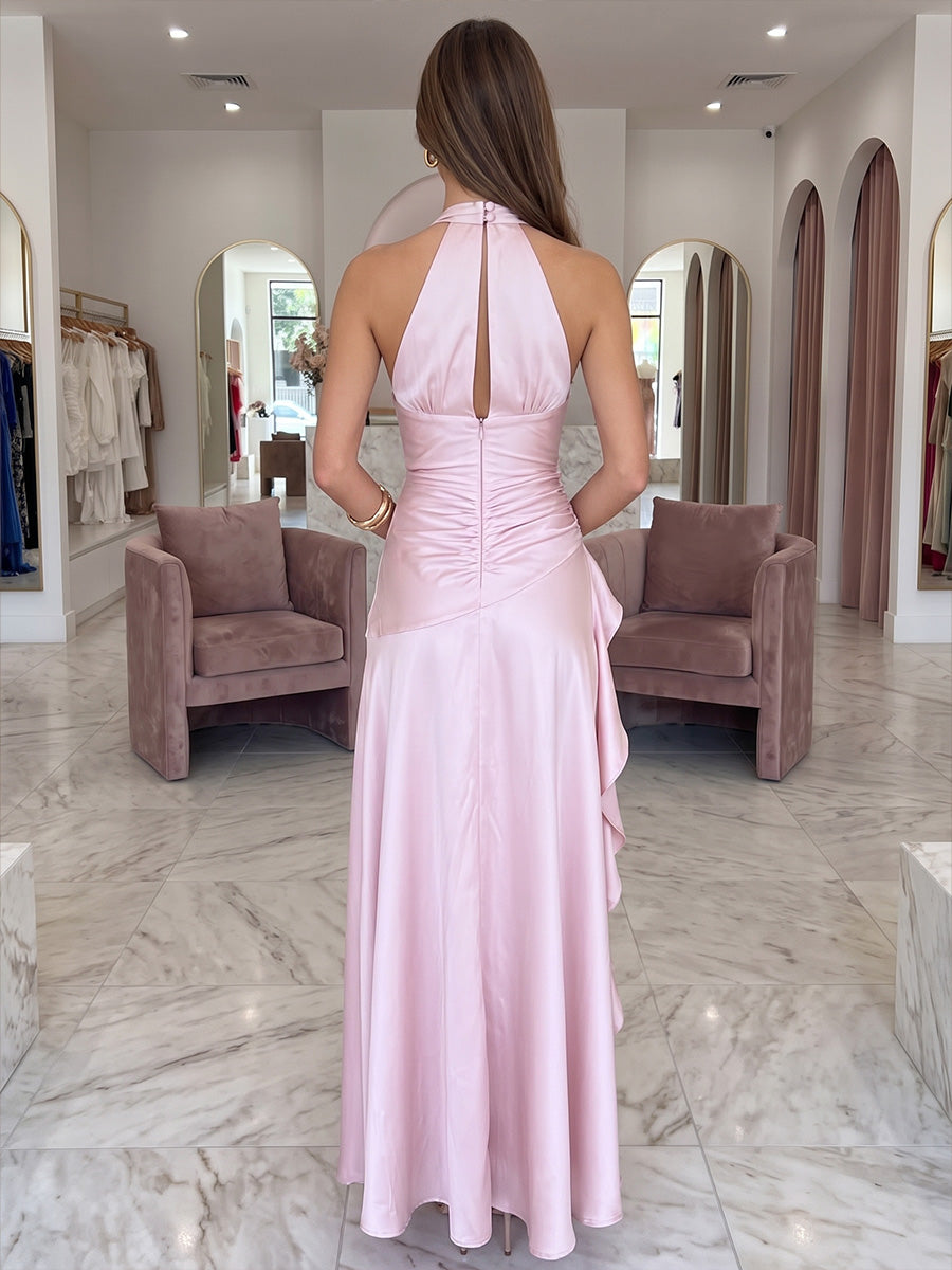 A-Line/Princess Halter Satin Maxi Wedding Guest Dresses with Ruffles & Ruched Waist