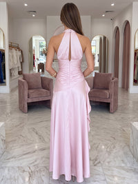 A-Line/Princess Halter Satin Maxi Wedding Guest Dresses with Ruffles & Ruched Waist