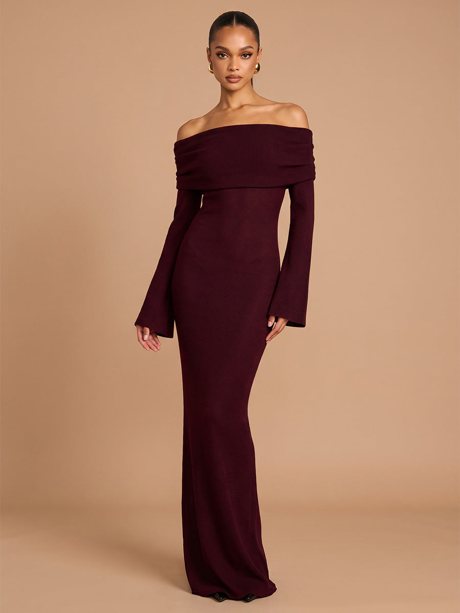 Sheath/Column Off Shoulder Stretch Mesh Maxi Wedding Guest Dresses for Women