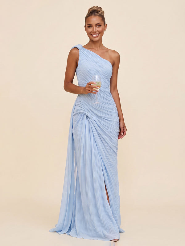 Sheath/Column One Shoulder Chiffon Maxi Wedding Guest Dresses with Pleats & Slit
