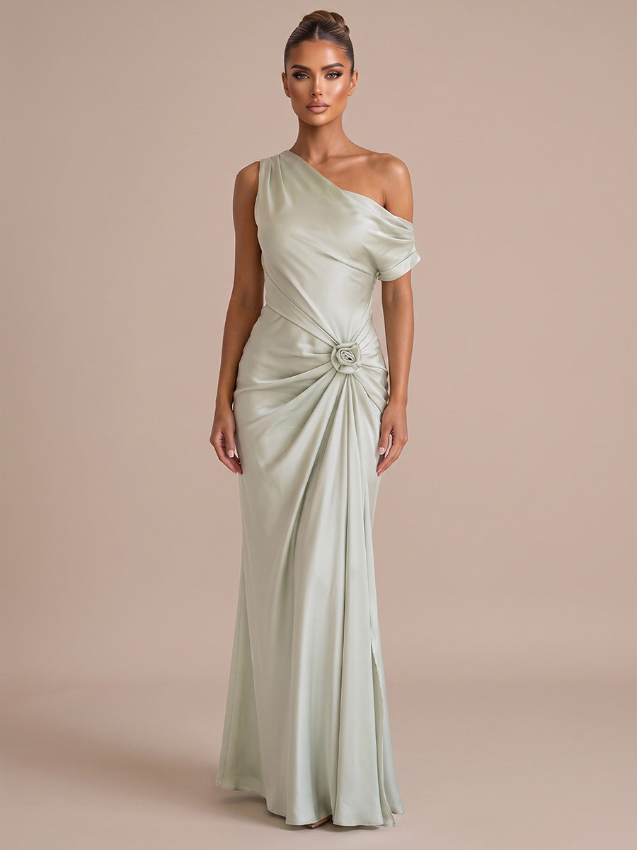 Sheath/Column Off Shoulder Satin Maxi Wedding Guest Dresses with 3D Flowers & Ruched Waist