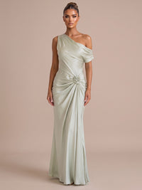 Sheath/Column Off Shoulder Satin Maxi Wedding Guest Dresses with 3D Flowers & Ruched Waist