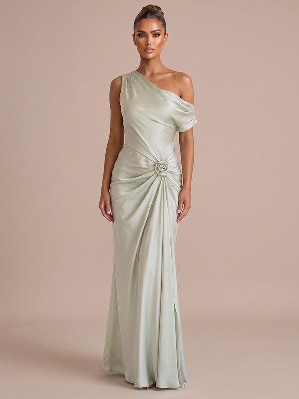 Sheath/Column Off Shoulder Satin Maxi Wedding Guest Dresses with 3D Flowers & Ruched Waist