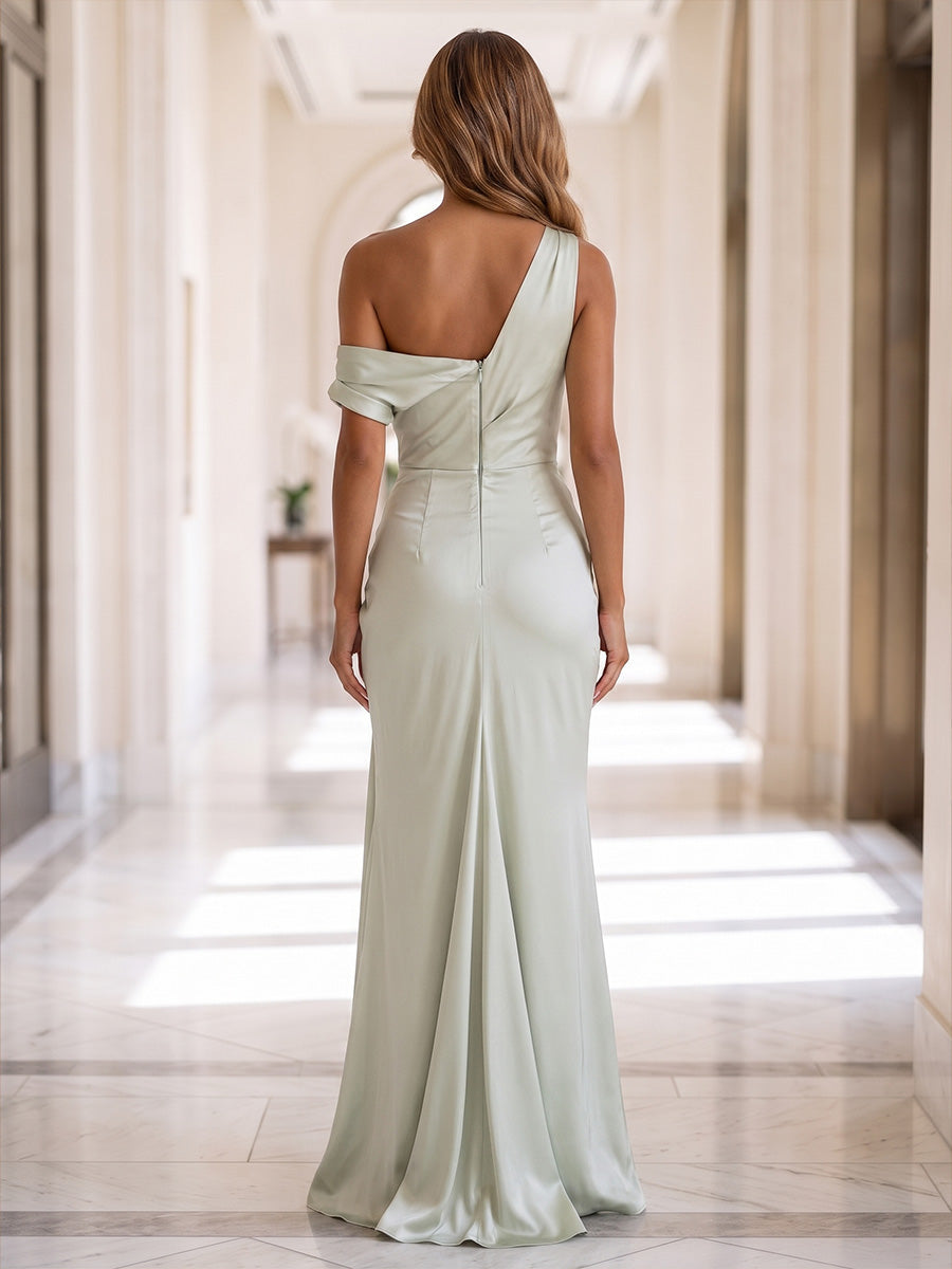 Sheath/Column Off Shoulder Satin Maxi Wedding Guest Dresses with 3D Flowers & Ruched Waist
